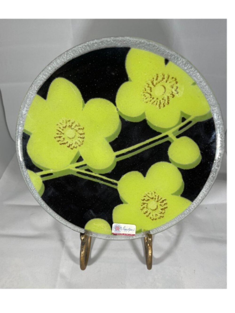 Peggy Karr RARE VINTAGE Black/Yellow Flowers Fused Art Glass Plate, 9.75"